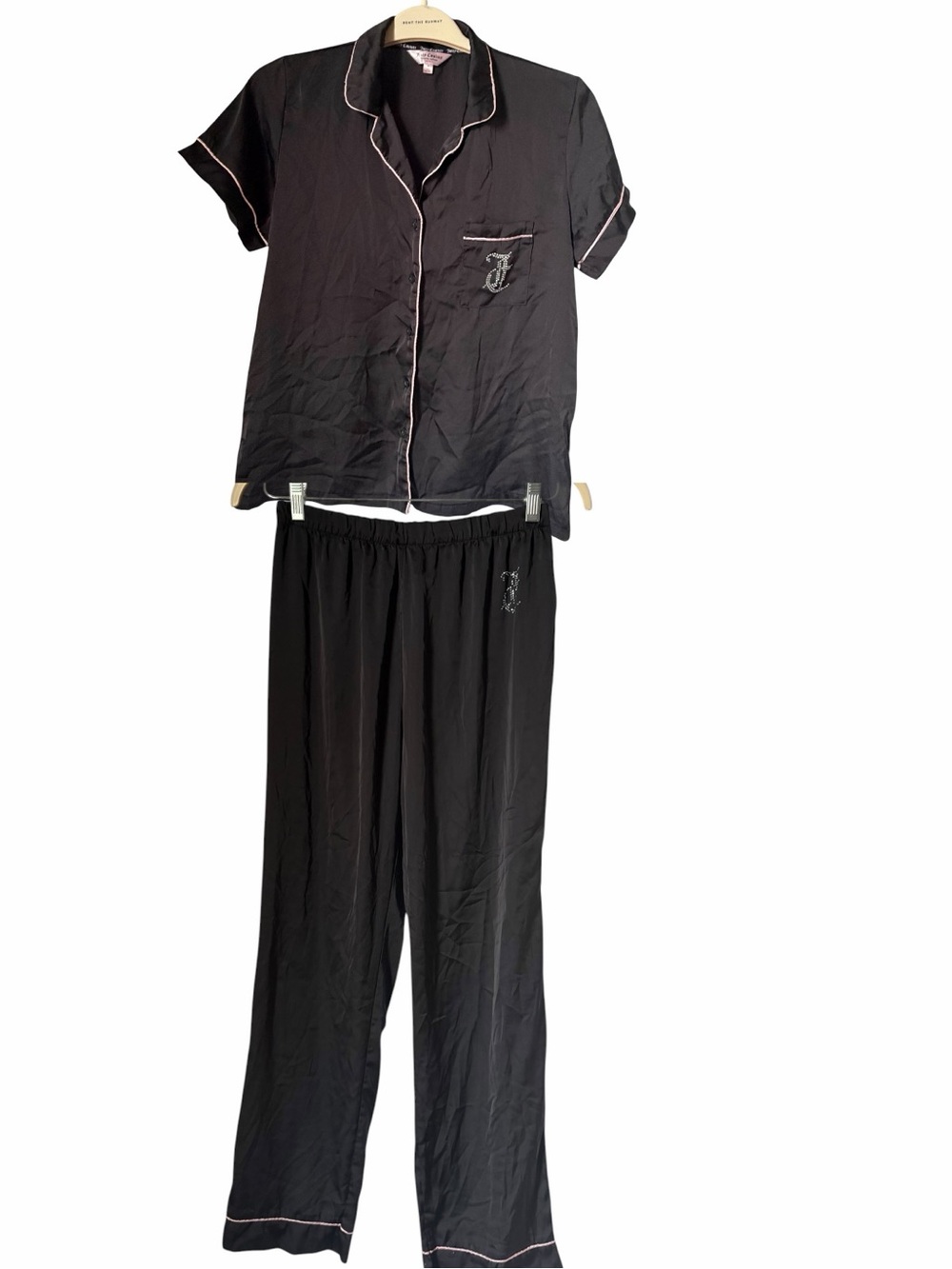 Juicy Couture Black Pajama Set with Pink  Rhinestones Y2K Satin Silky
